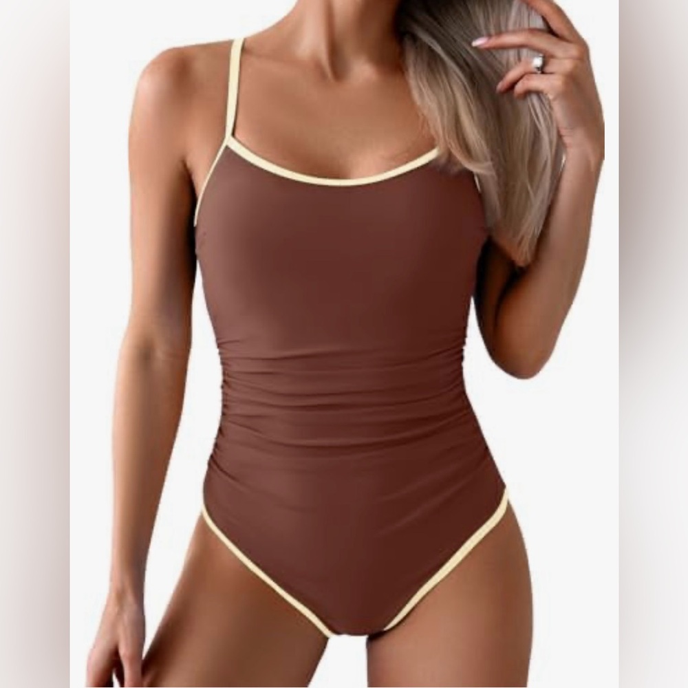 Sleek Brown One-Piece Swimsuit with Cream Trim